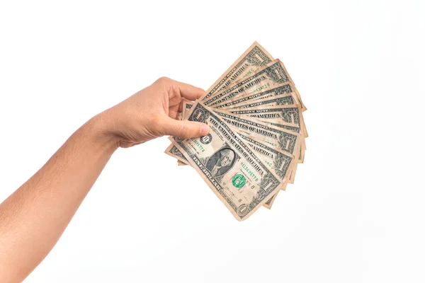 Hand Caucasian Young Man Holding Bunch Dollars Banknotes Isolated White — Stock Photo, Image