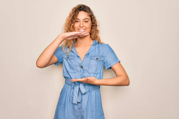 Young Beautiful Woman Blue Eyes Wearing Casual Denim Dress White — Stock Photo, Image