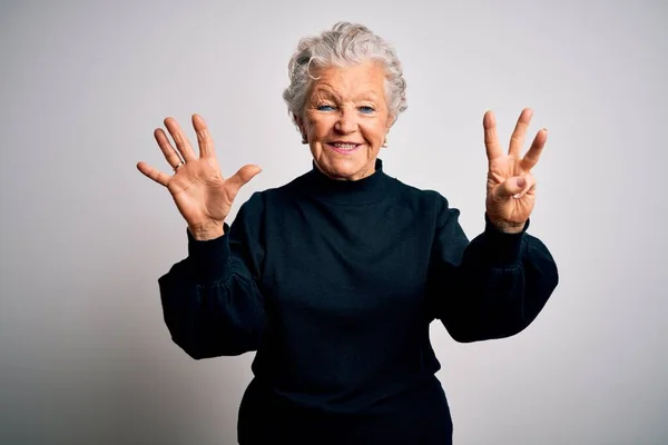 Senior Beautiful Woman Wearing Casual Black Sweater Standing Isolated White — Stock Photo, Image