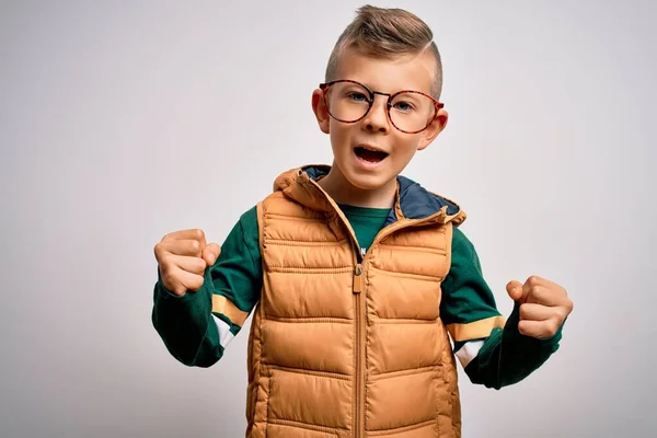 Young Little Caucasian Kid Blue Eyes Wearing Winter Coat Smart — Stock Photo, Image