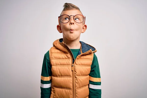 Young Little Caucasian Kid Blue Eyes Wearing Winter Coat Smart — Stock Photo, Image