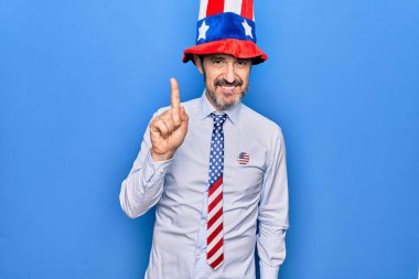 Orta yaşlı, yakışıklı, vatansever, şapkalı ve kravatlı bir adam mavi arka planda bir fikir veya soruyla gülümsüyor.