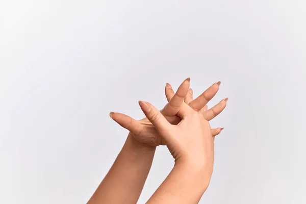 Ruka Kavkazské Mladé Ženy Propletenými Prsty Ruce Sebe Prsty Propletenými — Stock fotografie
