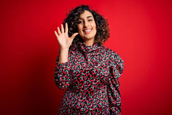 Young Beautiful Curly Arab Woman Wearing Casual Floral Dress Standing — Stock Photo, Image