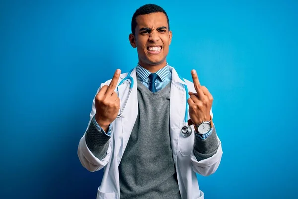 Handsome African American Doctor Man Wearing Coat Stethoscope Blue Background — Stok fotoğraf