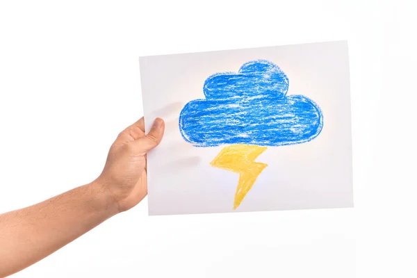 Hoja Papel Con Dibujo Una Nube Azul Con Rayo Tormenta — Foto de Stock