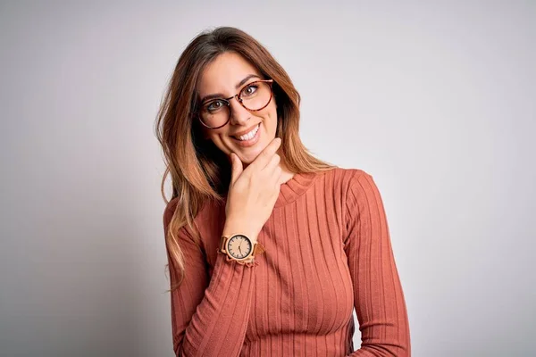 Junge Schöne Brünette Frau Mit Lässigem Pullover Und Brille Vor — Stockfoto