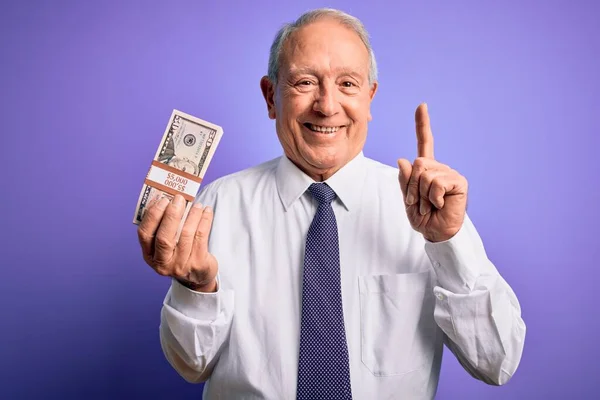 Старший Сіро Волохатий Чоловік Тримає Купу Банкнот Ятдесят Доларів Над — стокове фото