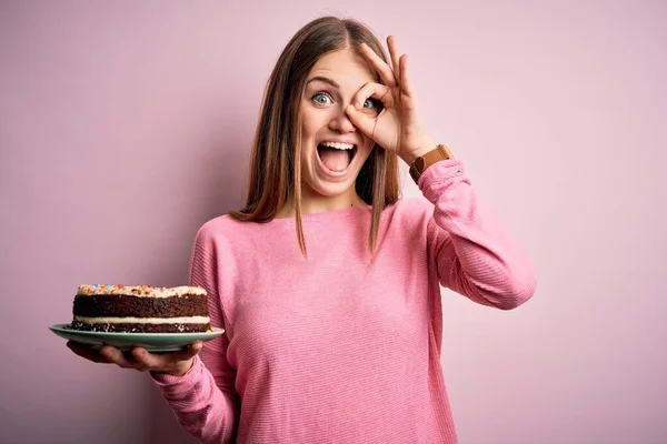 Young Beautiful Redhead Woman Holding Birthday Cake Isolated Pink Background — Stock Photo, Image