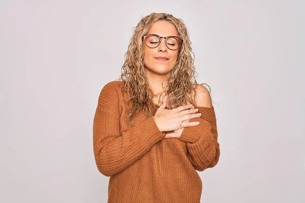 Jonge Mooie Blonde Vrouw Draagt Casual Trui Bril Een Witte — Stockfoto