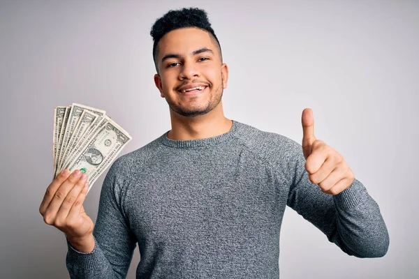 Young Handsome Man Holding Bunch Dollars Banknotes Isolated White Background — Stock Photo, Image