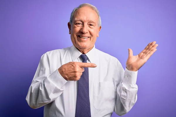 Grey Haired Senior Business Elegant Man Standing Purple Isolated Background — Stock Photo, Image