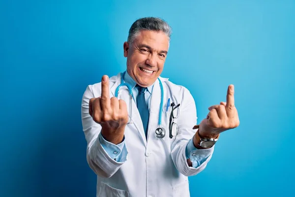 Middle Age Handsome Grey Haired Doctor Man Wearing Coat Blue — 스톡 사진