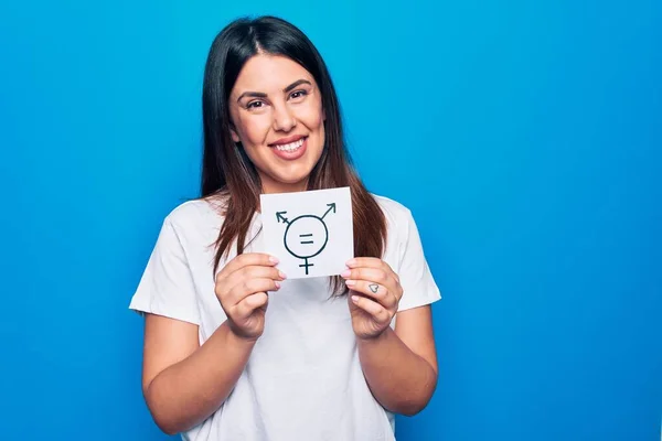 Jong Mooi Brunette Vrouw Holding Papier Met Transgender Symbool Blauwe — Stockfoto