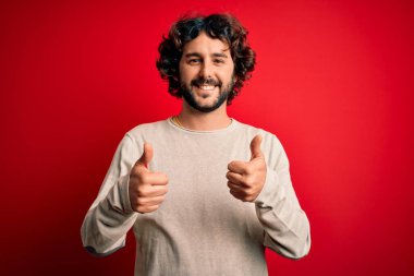 Sakallı, sıradan bir süveter giyen, kırmızı arka plan üzerinde duran, el hareketini onaylayan, gülümseyen ve başarı için sevinen genç yakışıklı bir adam. Kazanan jest.