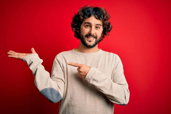 Young Handsome Man Beard Wearing Casual Sweater Standing Red Background — Stock Photo, Image