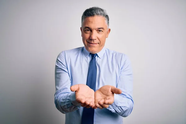 Middle age handsome grey-haired business man wearing elegant shirt and tie Smiling with hands palms together receiving or giving gesture. Hold and protection
