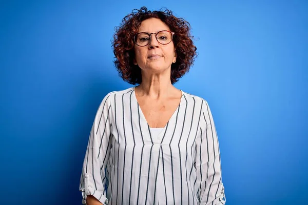 Middle Age Beautiful Curly Hair Woman Wearing Casual Striped Shirt — Stock Photo, Image