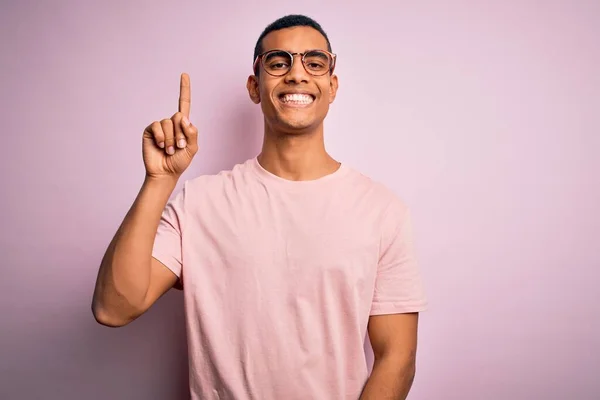 Handsome African American Man Wearing Casual Shirt Glasses Pink Background — Stock Photo, Image