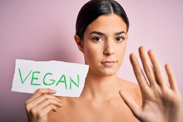 Young Beautiful Girl Holding Paper Vegan Message Isolated Pink Background — Stock Photo, Image