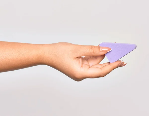 Hand Caucasian Young Woman Holding Purple Makeup Sponge Isolated White — Stock Photo, Image