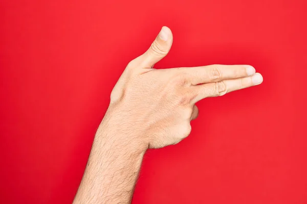 Hand Caucasian Young Man Showing Fingers Isolated Red Background Gesturing — Stock Photo, Image