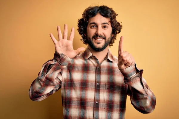 Young Handsome Man Beard Wearing Casual Shirt Standing Yellow Background — Stock Photo, Image