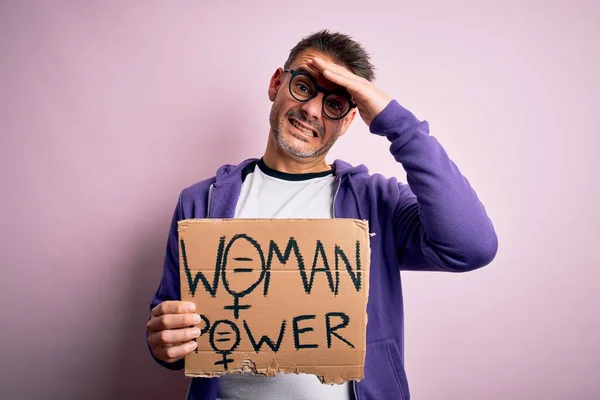 Young Handsome Man Asking Women Rights Holding Banner Woman Power — Stock Photo, Image