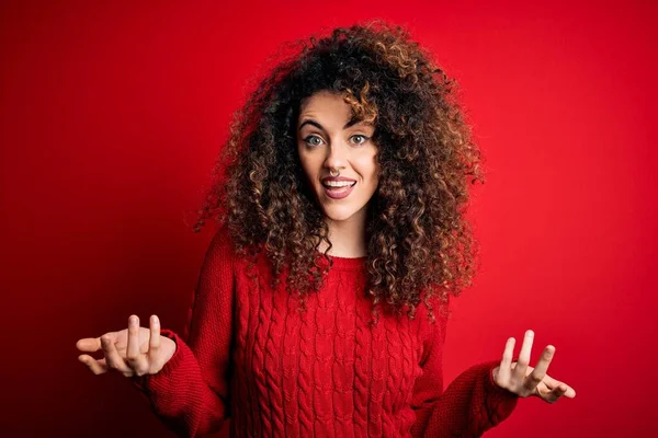 Young Beautiful Woman Curly Hair Piercing Wearing Casual Red Sweater — Stock Photo, Image