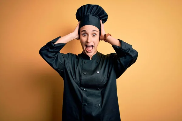 Young Beautiful Chef Woman Wearing Cooker Uniform Hat Standing Yellow — Stock Photo, Image