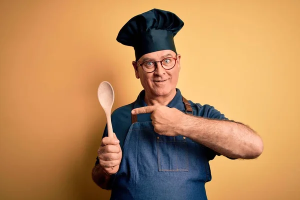 Middle Age Cooker Man Wearing Apron Hat Holding Wooden Spoon — Stock Photo, Image