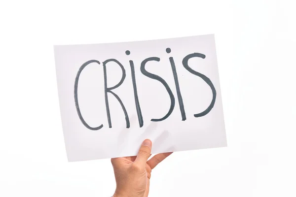 Kartonnen Banner Met Crisis Tekst Geïsoleerde Witte Achtergrond — Stockfoto