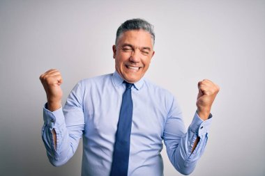 Orta yaşlı, yakışıklı, gri saçlı, şık gömlekli ve kravatlı bir iş adamı kolları havada, gülümseyerek ve başarı için çığlık atarak çok mutlu ve heyecanlı bir jest yapıyor. Kutlama konsepti.