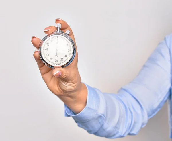 Zole Edilmiş Beyaz Arka Plan Üzerinde Kronometre Kullanarak Zamanı Sayan — Stok fotoğraf