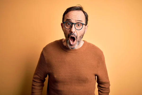 Middle Age Hoary Man Wearing Brown Sweater Glasses Isolated Yellow — Stock Photo, Image