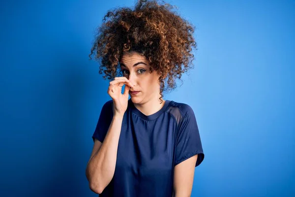 Young Beautiful Woman Curly Hair Piercing Wearing Casual Blue Shirt — Stock Photo, Image