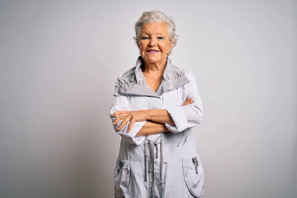 Senior Beautiful Grey Haired Woman Wearing Casual Jacket Standing White — Φωτογραφία Αρχείου