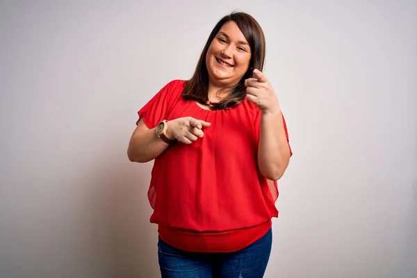 Beautiful Brunette Size Woman Wearing Casual Red Shirt Isolated White — Stock Photo, Image