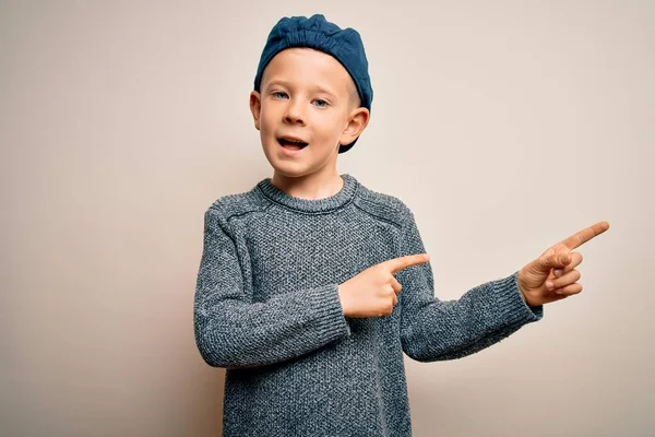 Young Little Caucasian Kid Blue Eyes Wearing Wool Cap Isolated — Stock Photo, Image