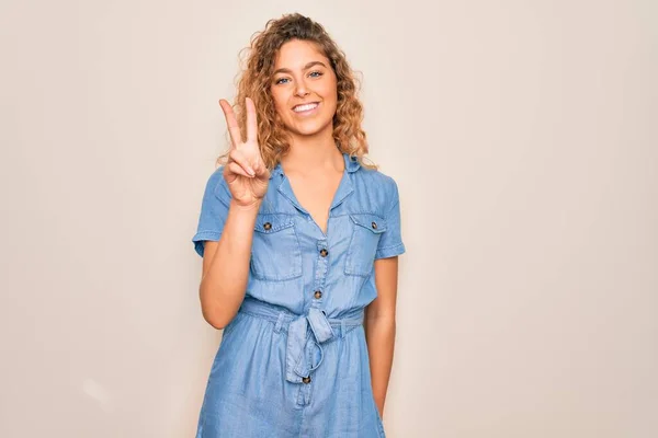 Young Beautiful Woman Blue Eyes Wearing Casual Denim Dress White — Stock Photo, Image