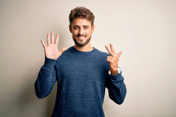 Young Handsome Man Beard Wearing Casual Sweater Standing White Background — Stock Photo, Image