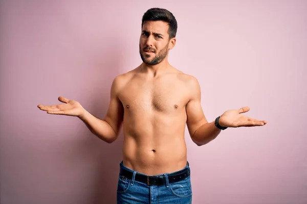 Young Handsome Strong Man Beard Shirtless Standing Isolated Pink Background — Stock Photo, Image