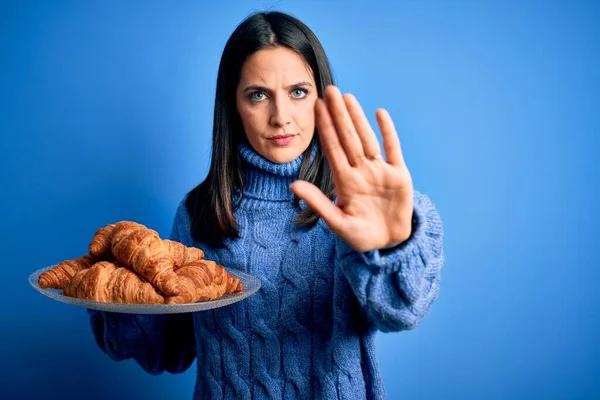 Young Woman Blue Eyes Holding Sweet Croissants Breakfast Isolated Background — Stock Photo, Image