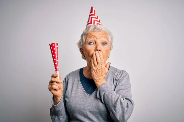 Senior Hermosa Mujer Pelo Gris Celebrando Cumpleaños Vistiendo Sombrero Divertido — Foto de Stock