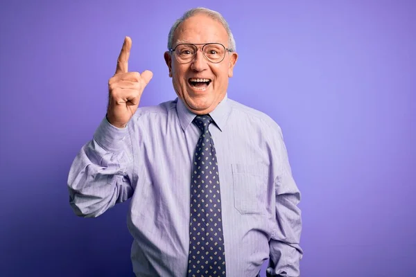 Hombre Negocios Senior Pelo Gris Con Gafas Pie Sobre Fondo —  Fotos de Stock