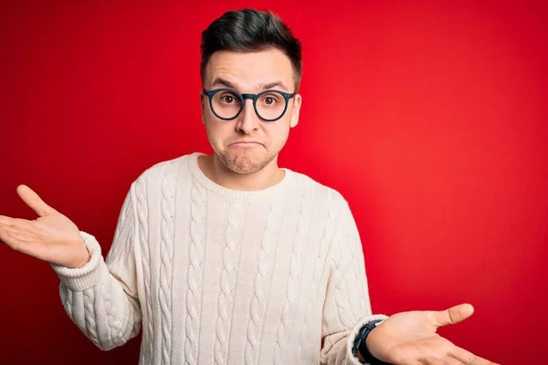 Homem Branco Bonito Jovem Vestindo Óculos Camisola Inverno Casual Sobre — Fotografia de Stock