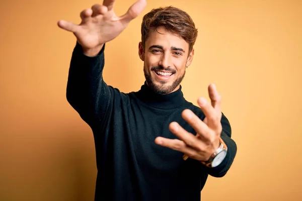 Young Handsome Man Beard Wearing Turtleneck Sweater Standing Yellow Background — Stock Photo, Image