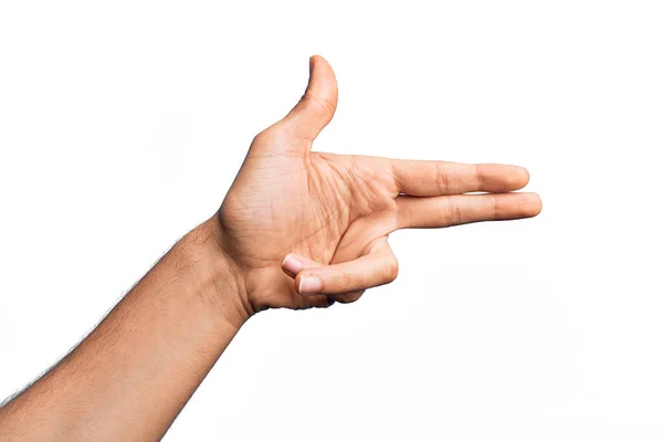 Рука Білого Чоловіка Показує Пальці Над Ізольованим Білим Тлом Жестикулює — стокове фото