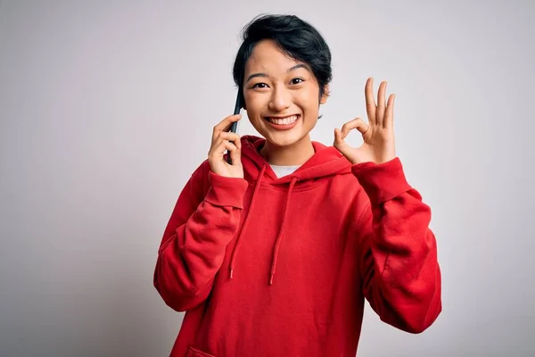 Young Beautiful Asian Girl Having Conversation Talking Smartphone White Background — Stock Photo, Image