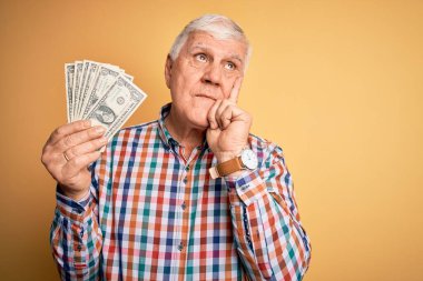 Kıdemli yakışıklı, ağarmış adam elinde bir deste banknotla sarı arka planda ciddi bir yüz var soru sormayı düşünüyor, çok karışık bir fikir.